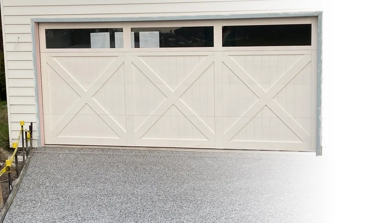 a garage door with windows